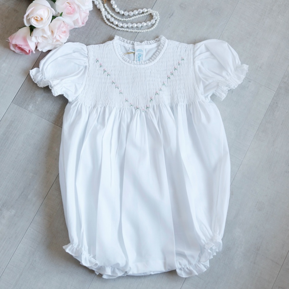 RARE Feltman Brothers White Smocked Romper Bubble With Embroidery Rosebuds NWT